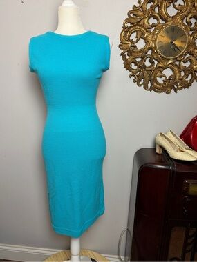 Vtg 60s Turquoise Ribbed Knit Mod Shift Dress 100% Orlon Acrylic Sleeveless S